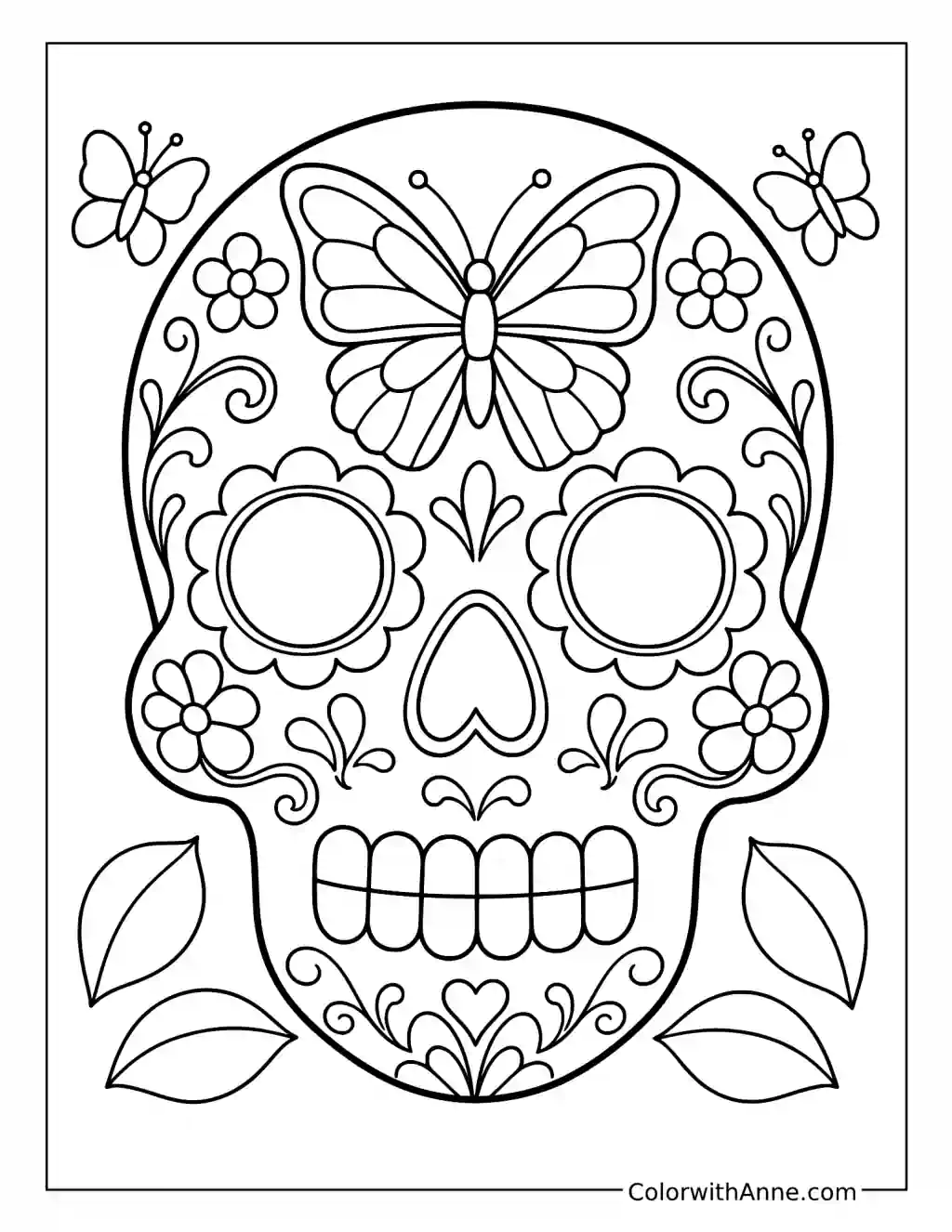 Sugar Skull with a Butterfly on Its Forehead coloring page