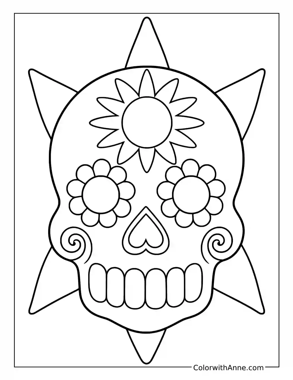 Sugar Skull with a Sun Motif and Pointed Rays coloring page
