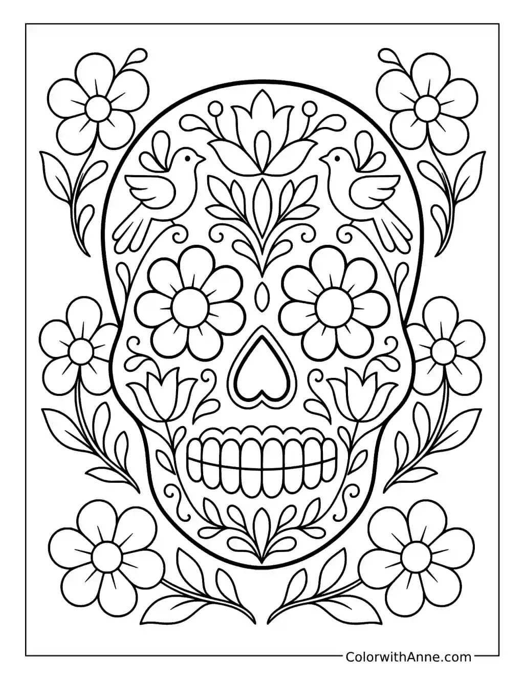 Sugar Skull with Birds and Flowering Vines coloring page