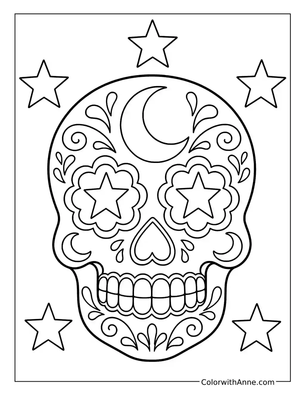 Sugar Skull with Crescent Moons and Star Eyes coloring page