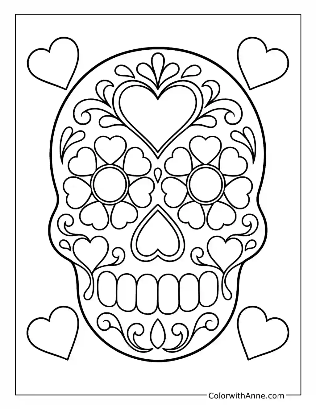 Sugar Skull with Heart Petals and a Forehead Heart coloring page
