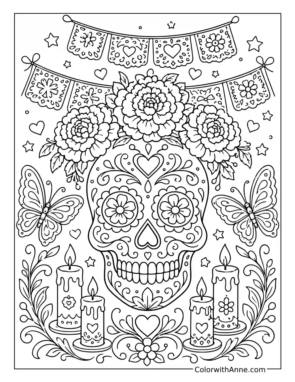 Sugar Skull with Marigolds Butterflies Candles and Banners coloring page