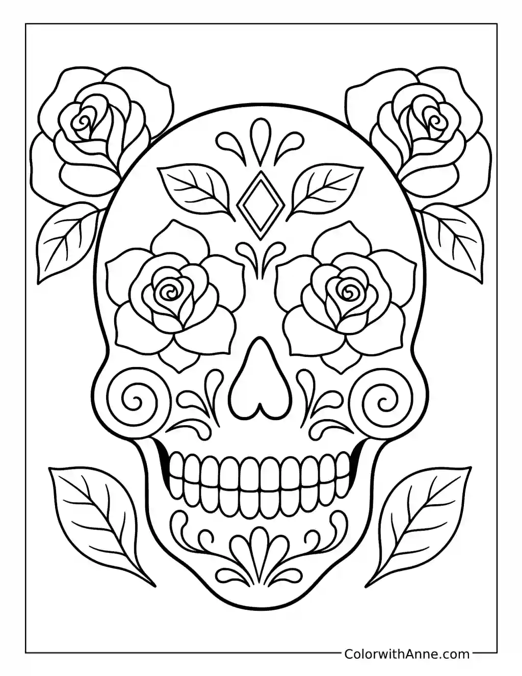 Sugar Skull with Rose Eyes and Leaf Decorations coloring page