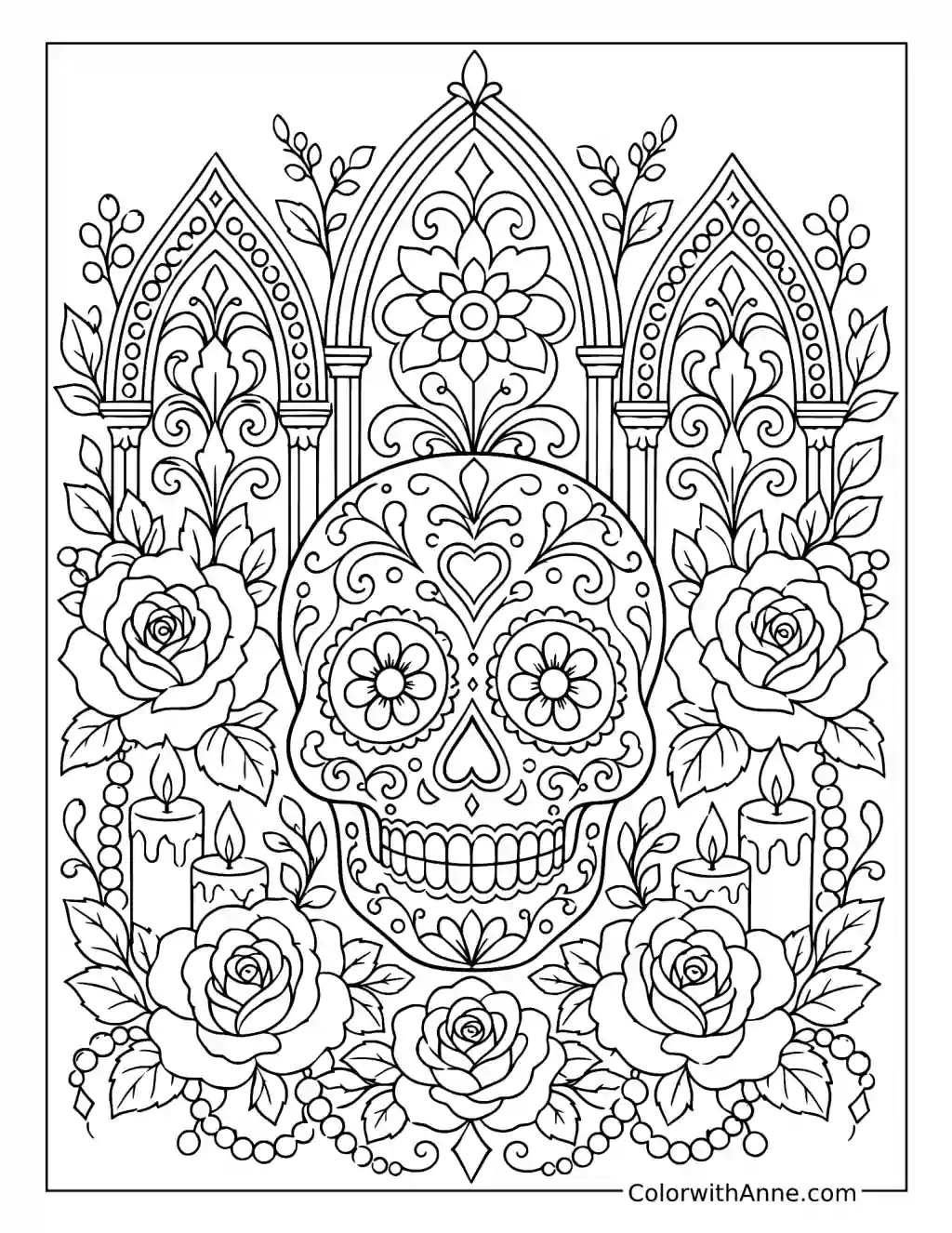 Sugar Skull with Roses Candles and Gothic Arches coloring page