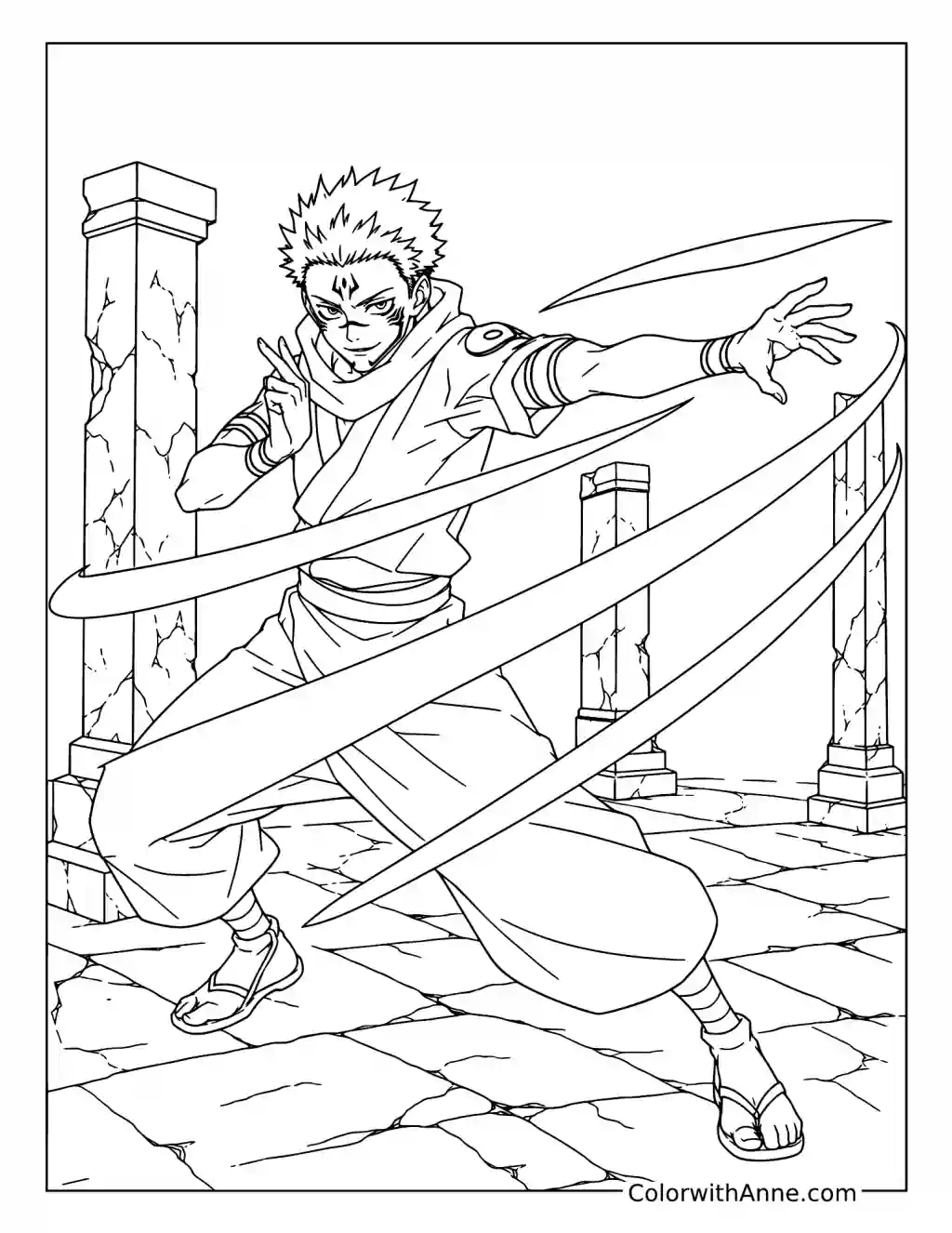 Sukuna Casting Slashes Among Cracked Pillars coloring page