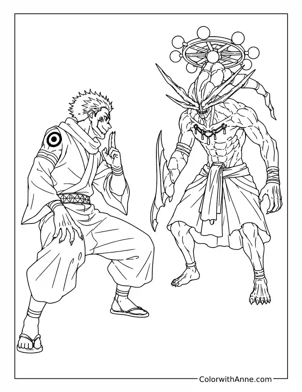 Sukuna Facing a Divine Shikigami coloring page