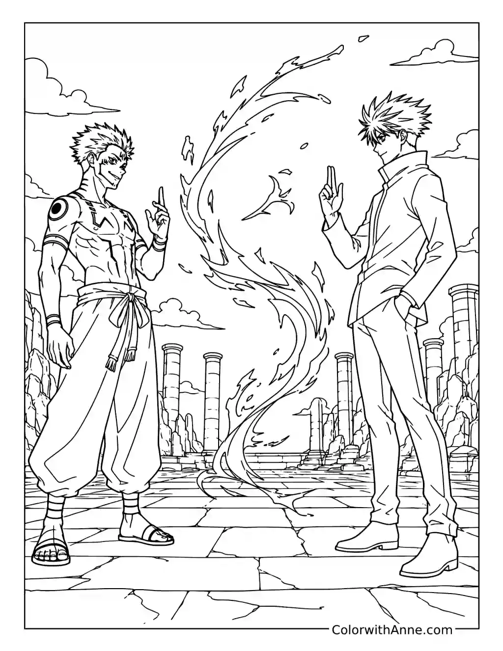 Sukuna Facing Gojo in Ancient Ruins coloring page