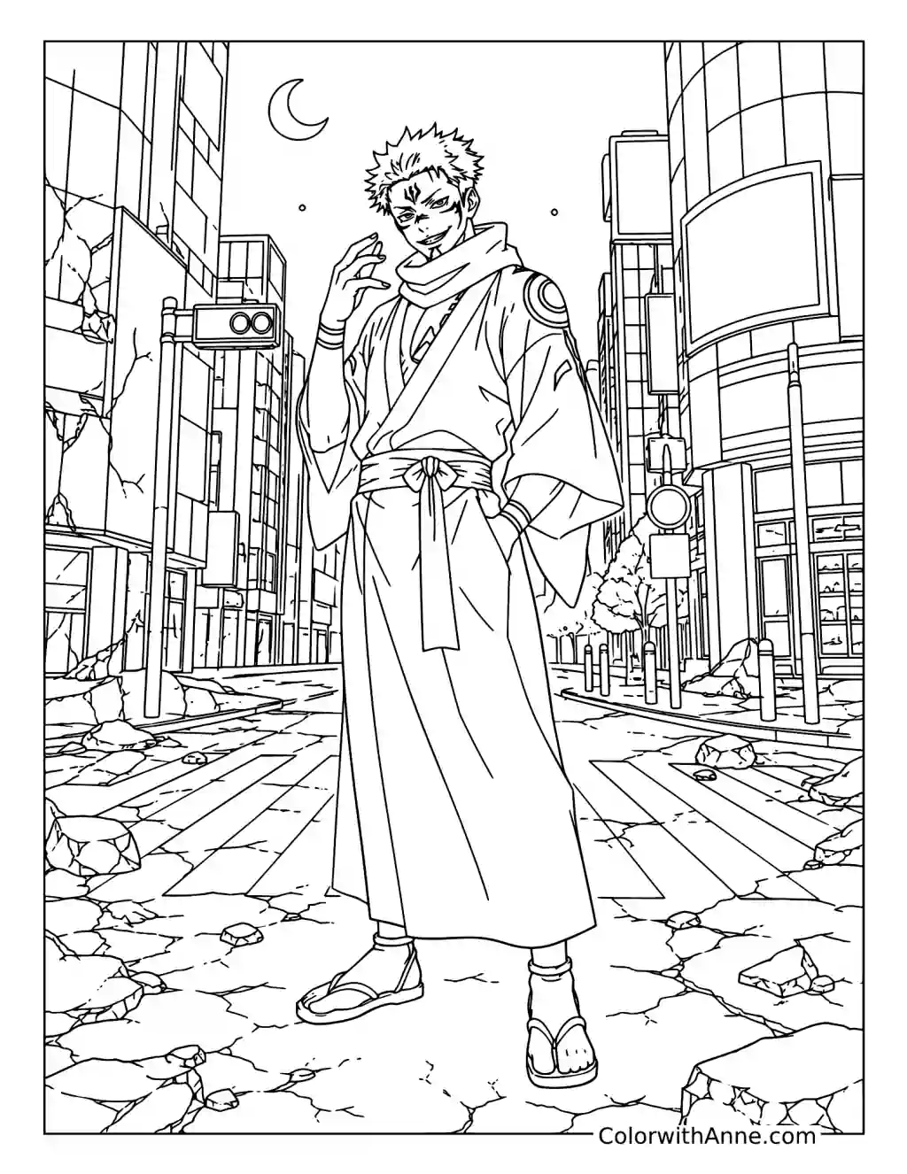 Sukuna in a Ruined City coloring page