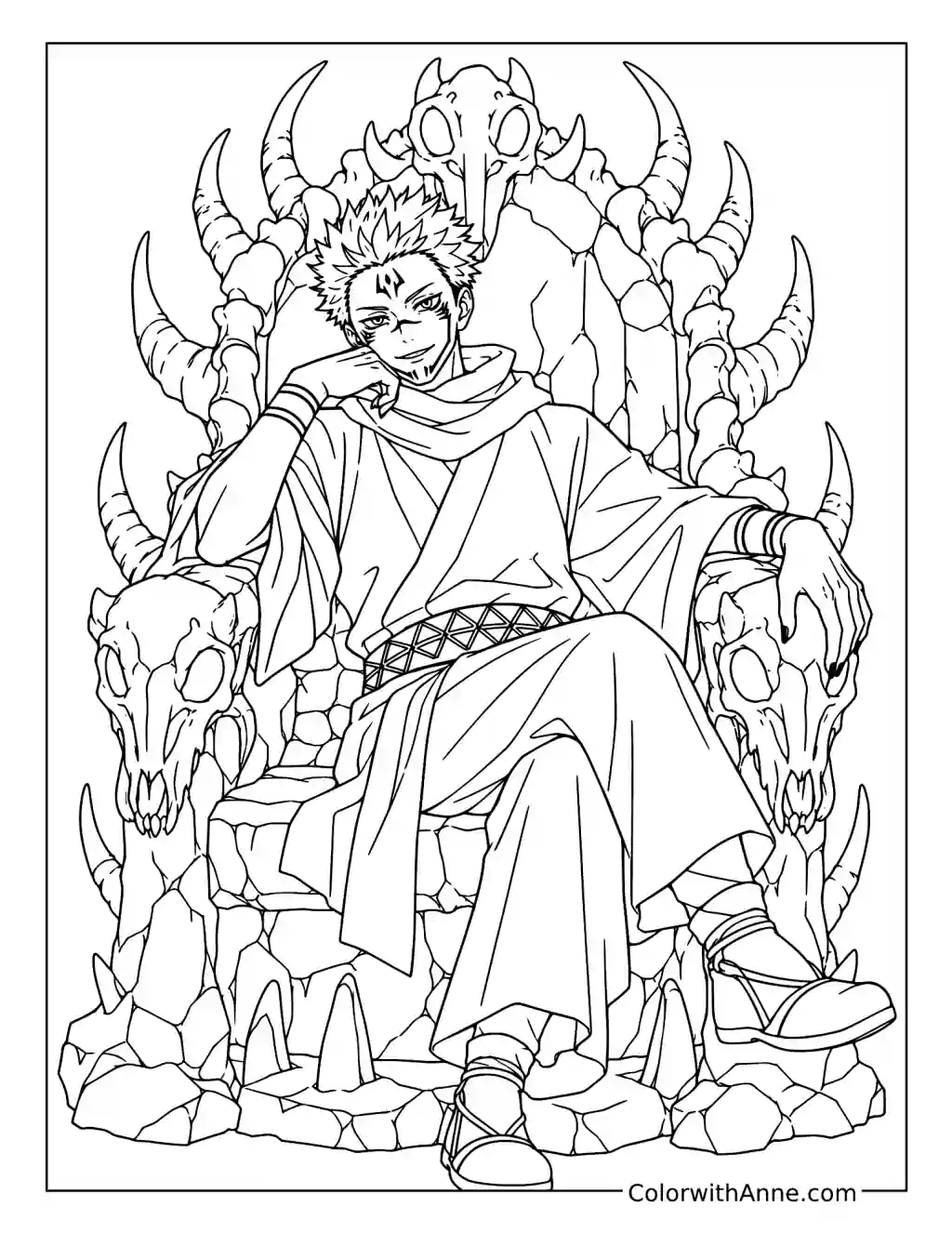 Sukuna on a Skull Throne coloring page