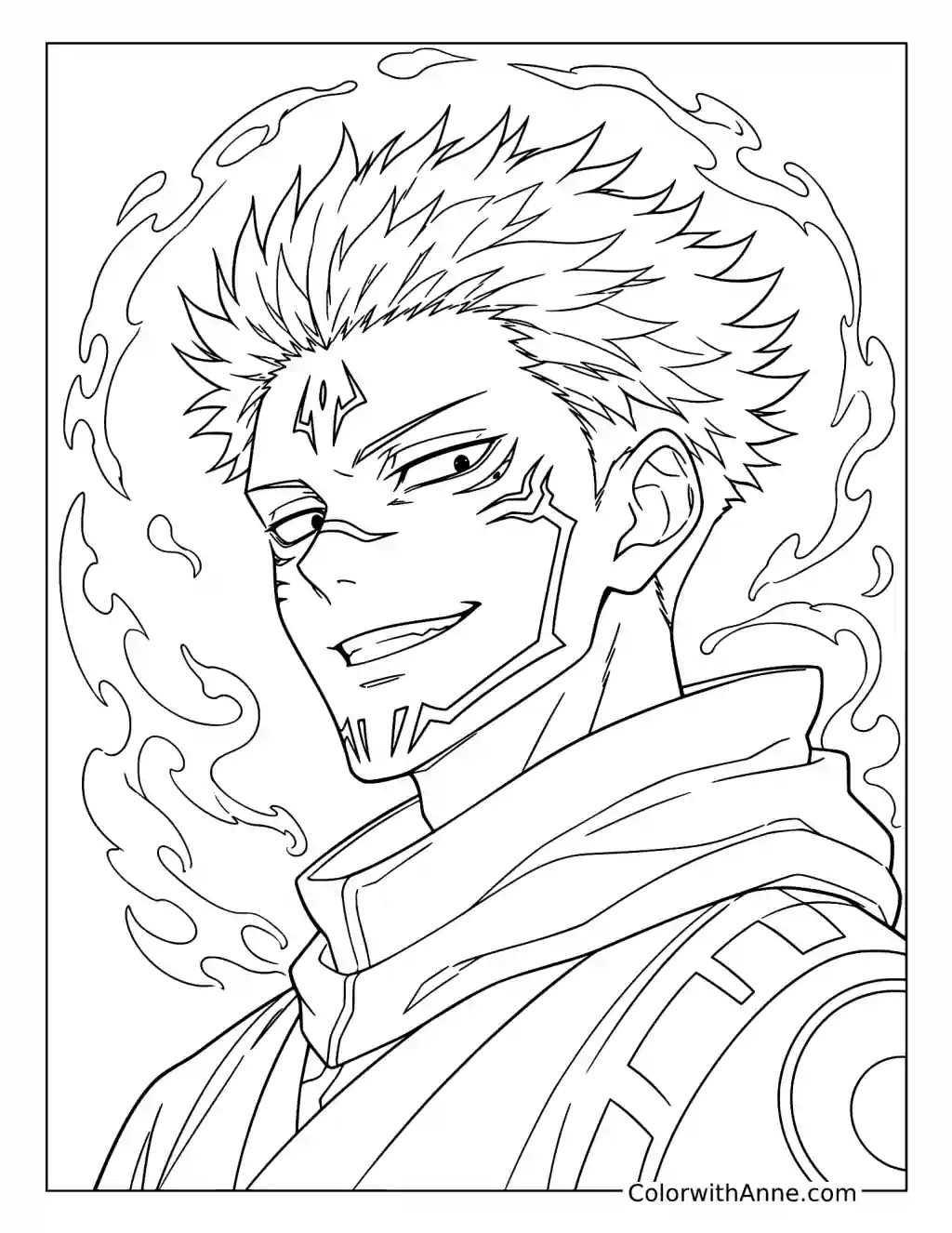 Sukuna Portrait with a Flame Aura coloring page