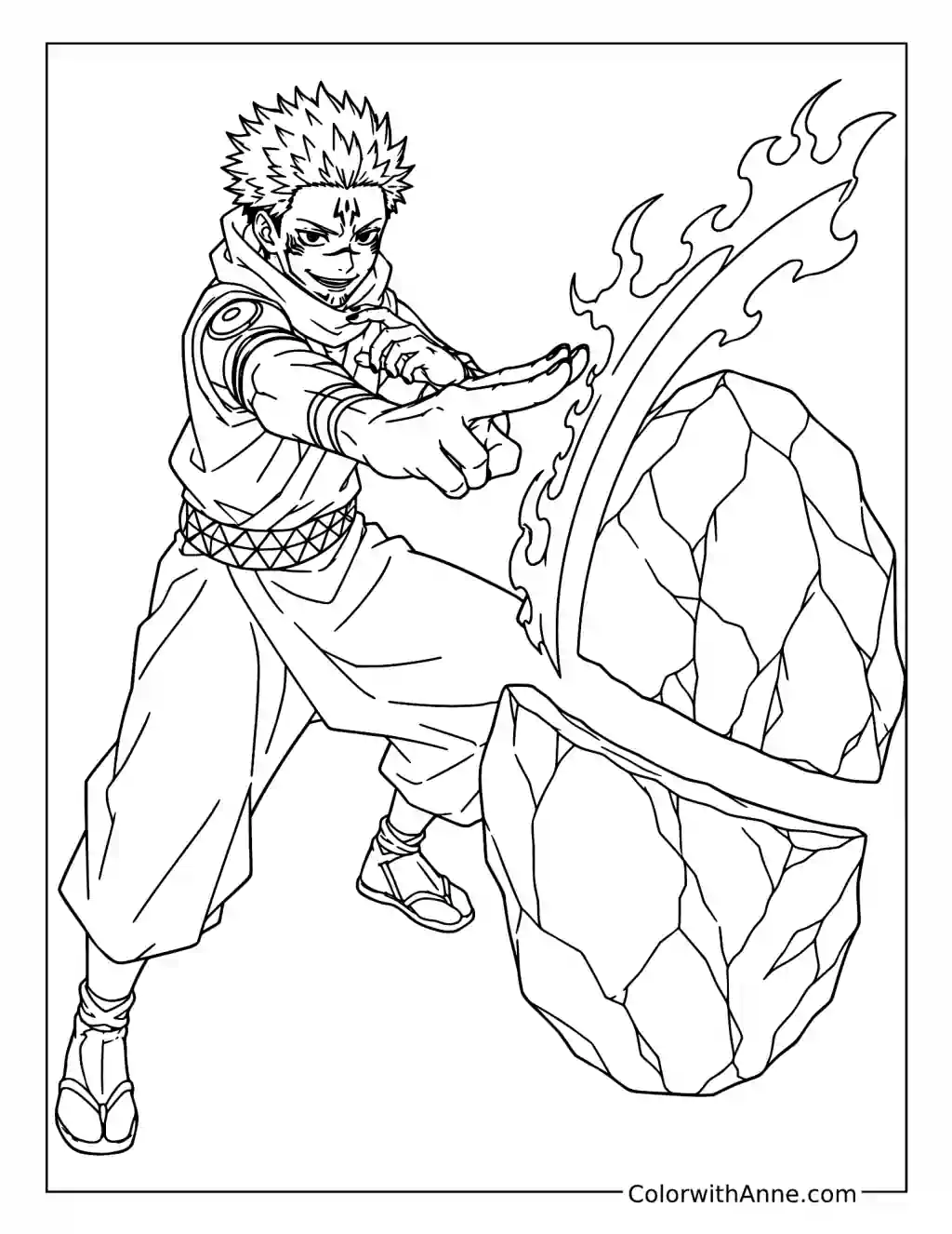 Sukuna Unleashing a Flaming Slash coloring page