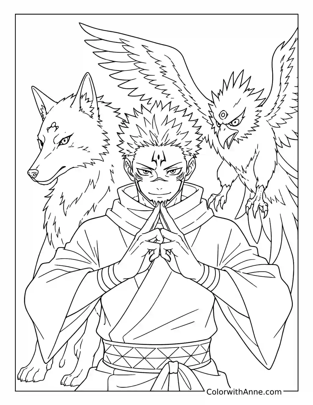 Sukuna with Wolf and Owl Spirits coloring page