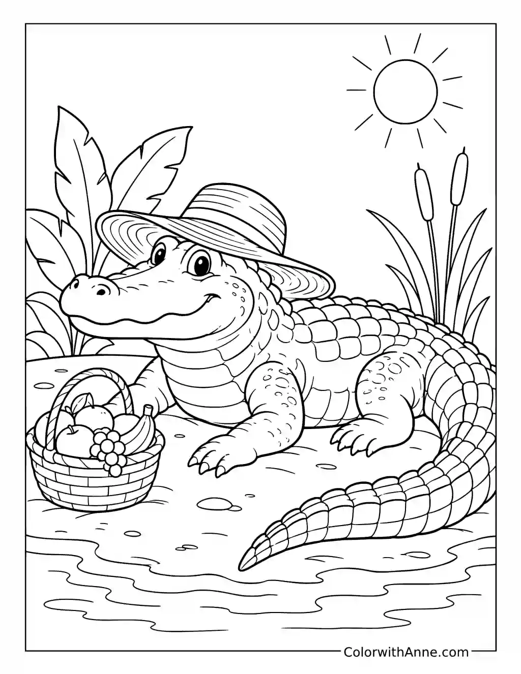 Sun-Hatted Alligator on the Riverbank coloring page