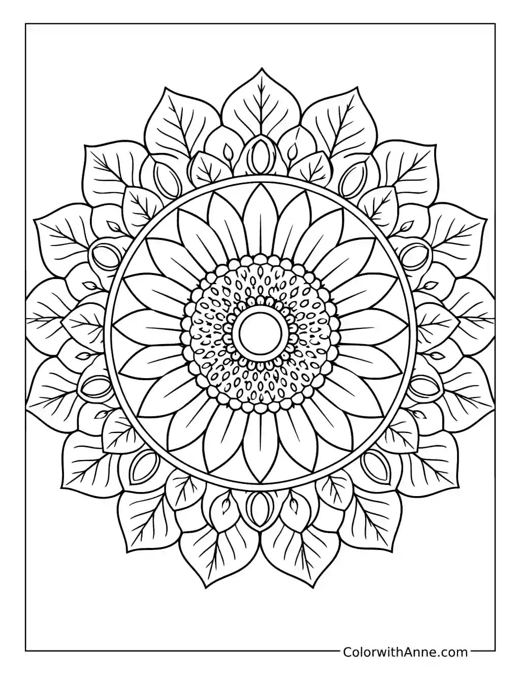Sunflower Mandala with a Circular Frame and Leaf Border coloring page