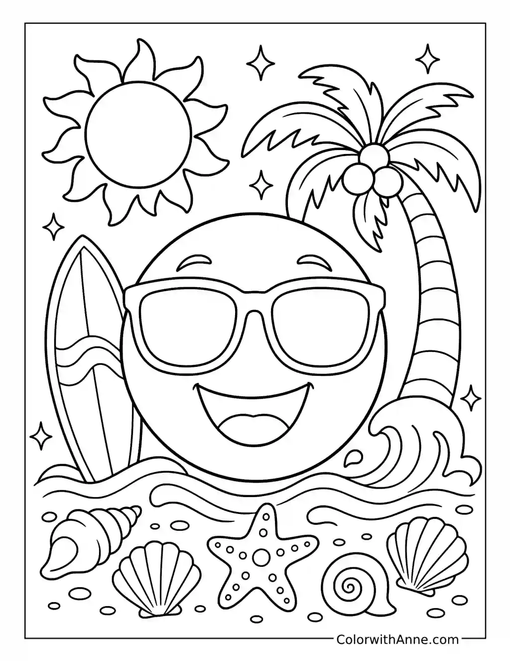 Sunglasses Emoji at the Beach coloring page