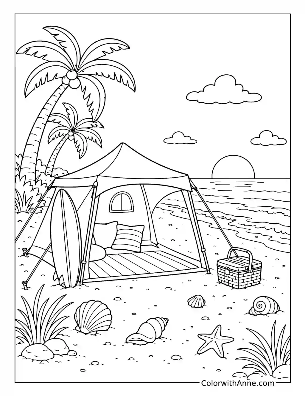 Sunny Beach Camping Getaway coloring page