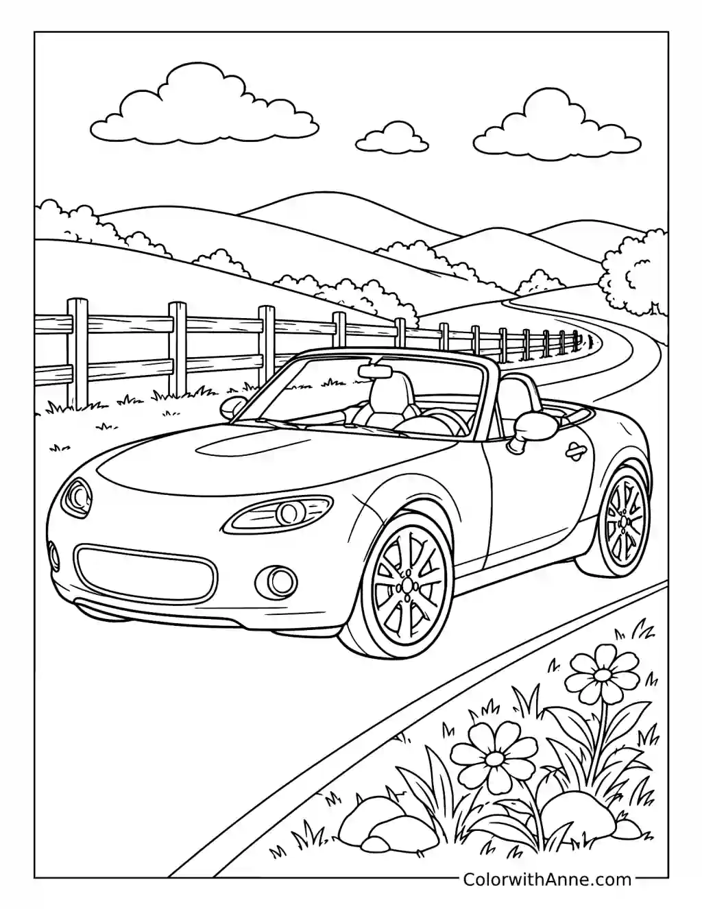 Sunny Roadster on a Country Road coloring page