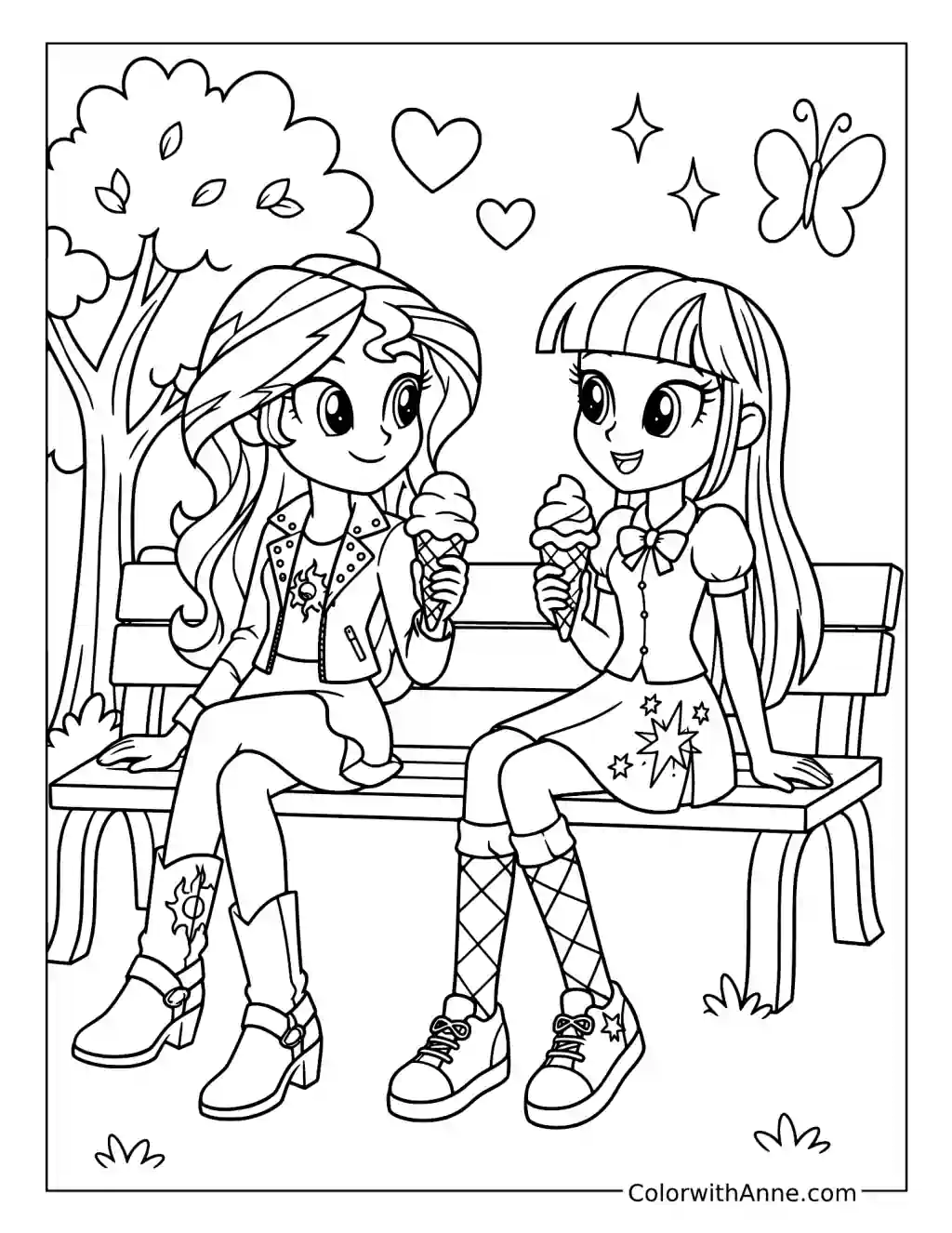 Sunset and Twilight Eating Ice Cream coloring page