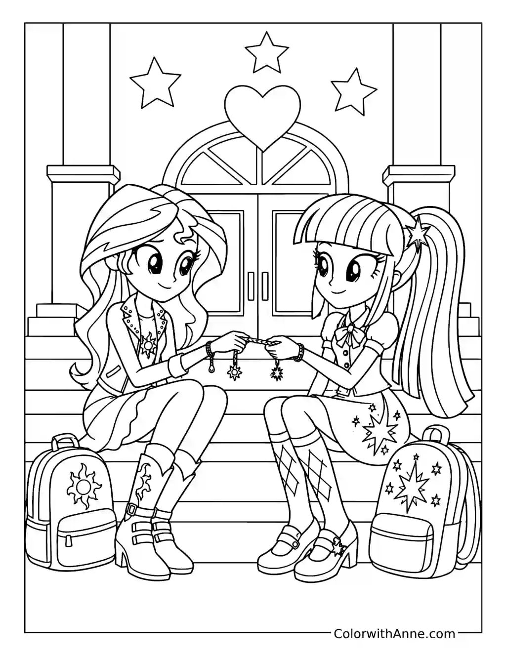 Sunset and Twilight Exchanging Friendship Bracelets coloring page