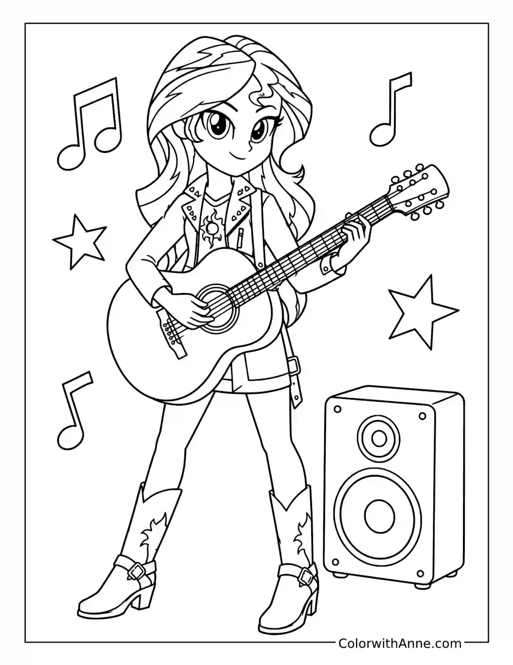 Sunset Shimmer Playing Acoustic Guitar coloring page