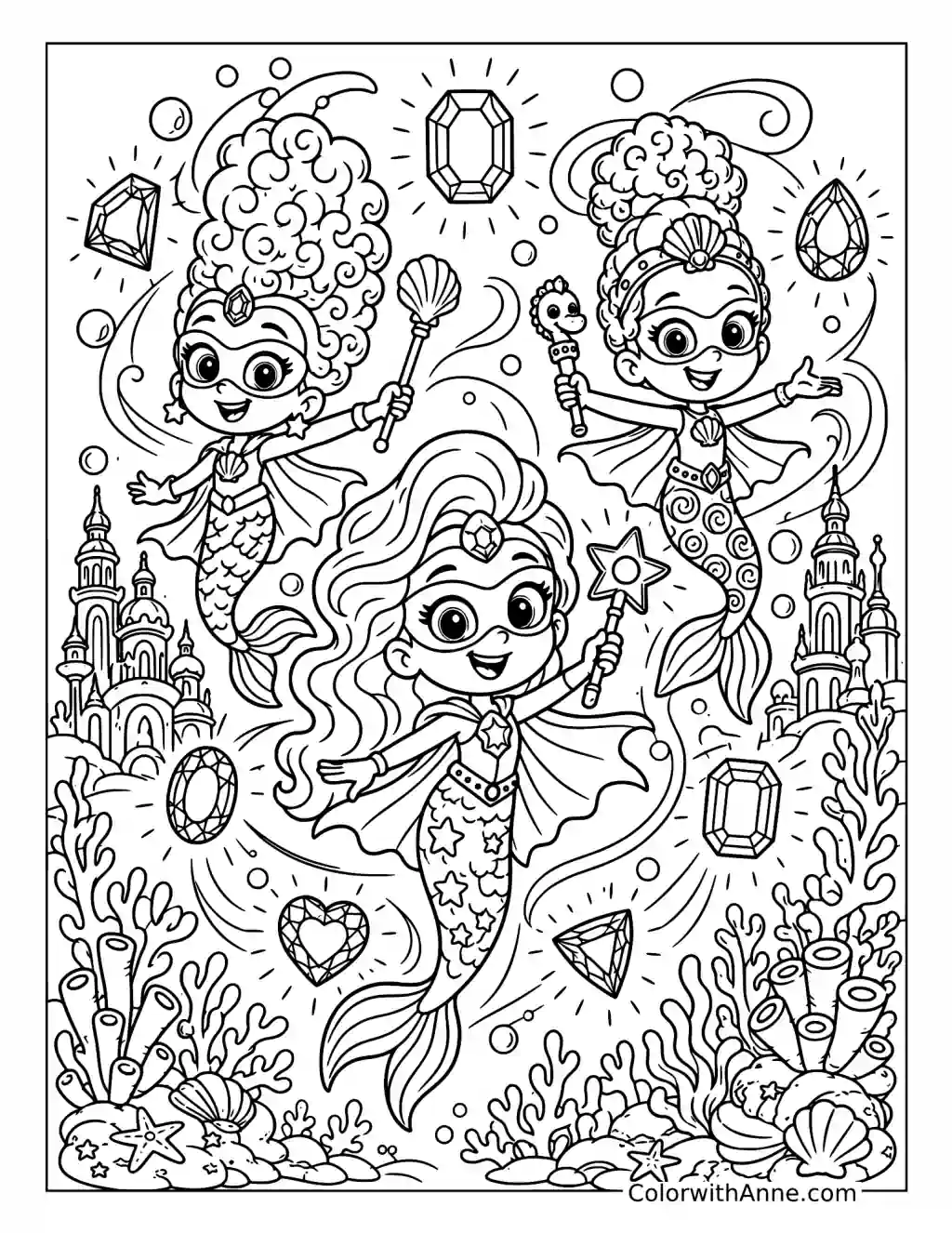 Super Mermaid Trio with Magic Gems coloring page