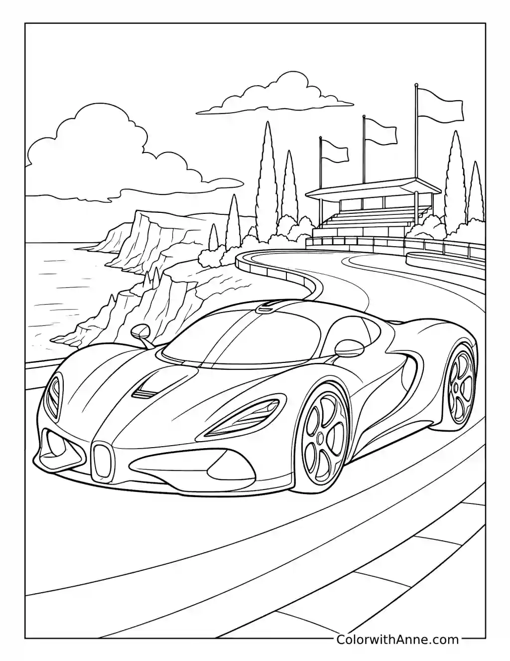 Supercar on a Coastal Race Circuit coloring page
