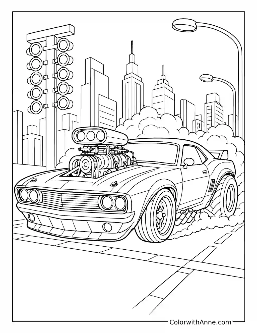 Supercharged Muscle Car at a Drag Strip coloring page