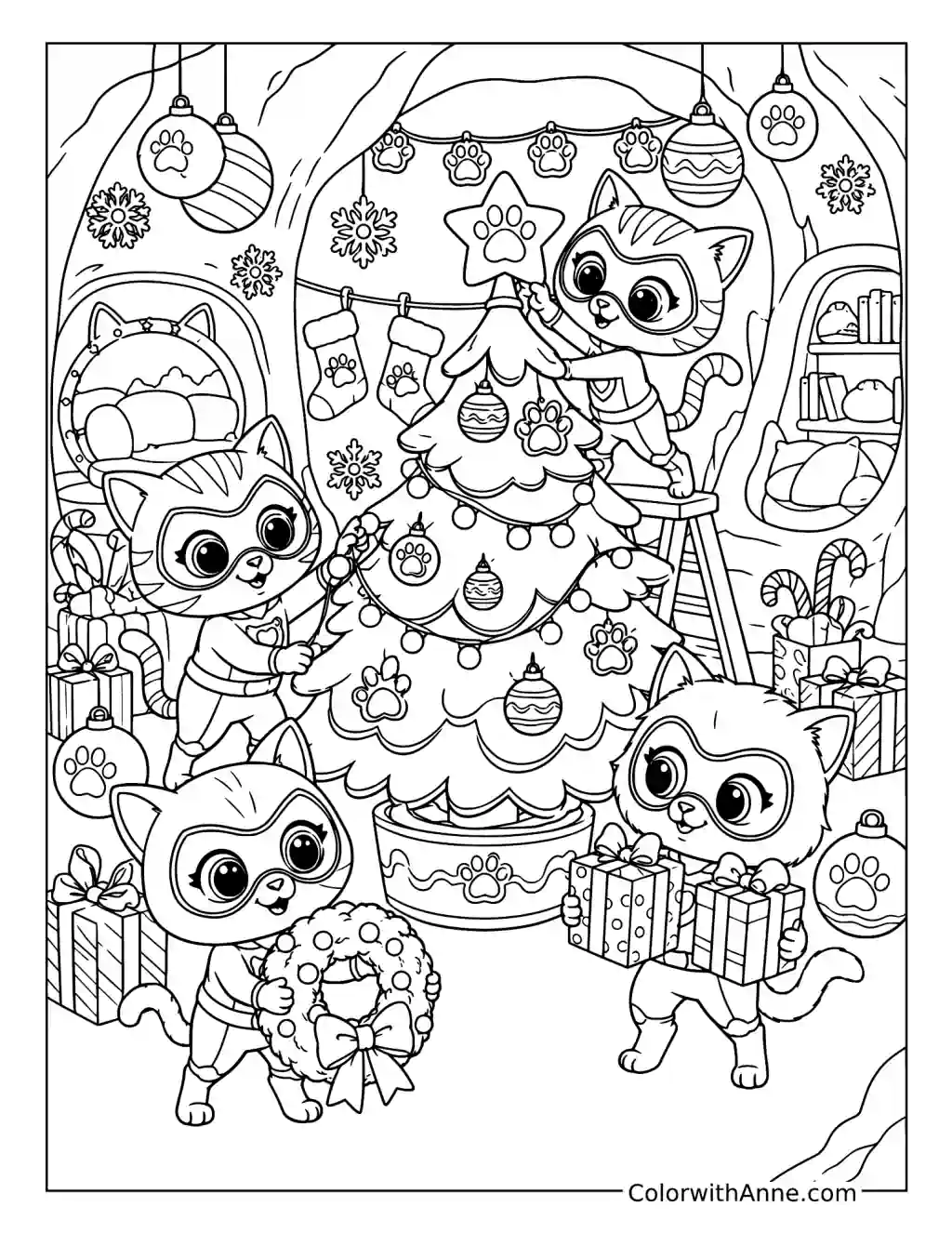 SuperKitties Christmas Tree Party coloring page