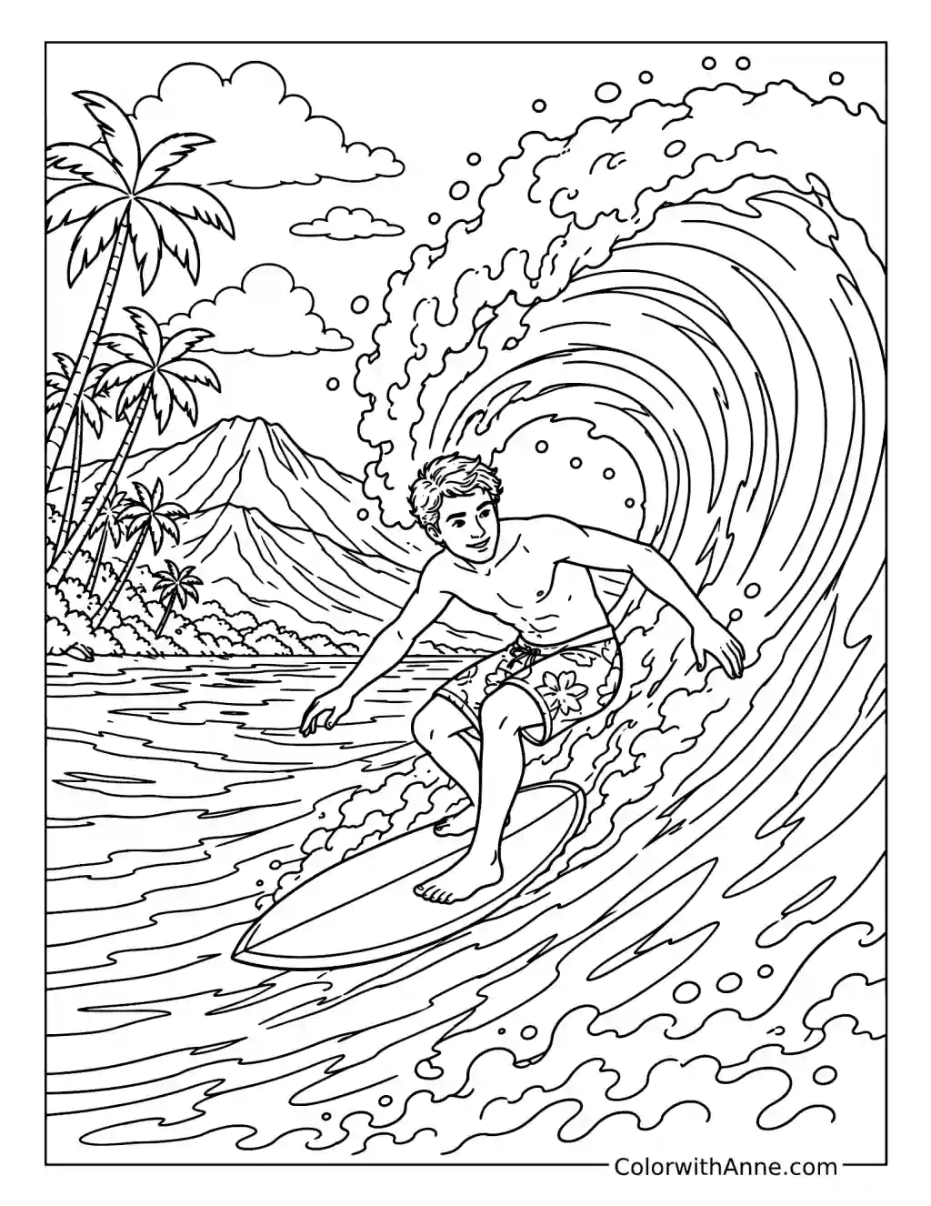 Surfer Riding a Giant Wave coloring page