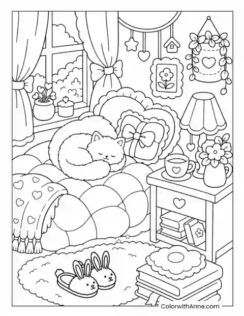 Sweet and cozy bedroom retreat coloring page