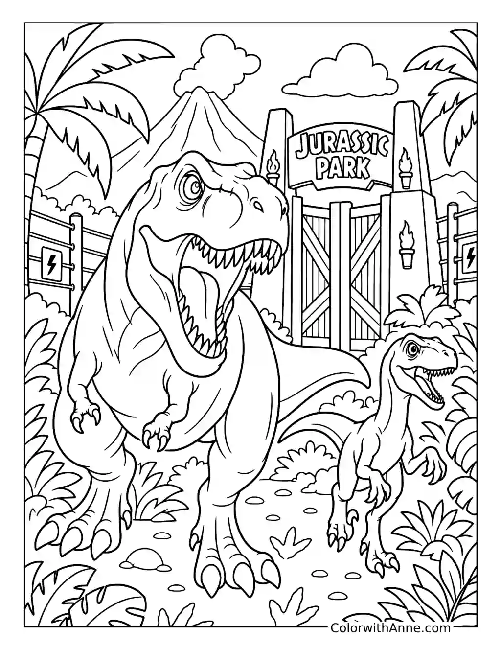T-Rex and Velociraptor at Jurassic Park coloring page
