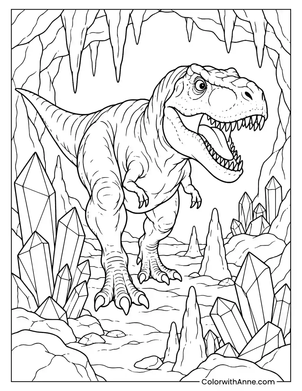 T-Rex Exploring a Crystal Cave Coloring Page