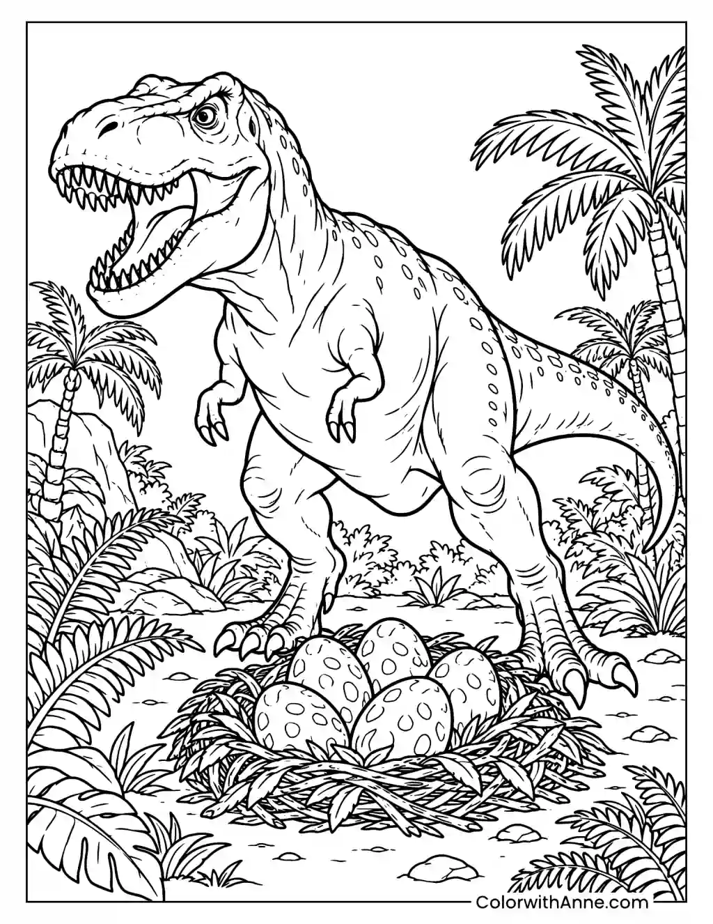 T-Rex Guarding Dinosaur Eggs in the Jungle Coloring Page
