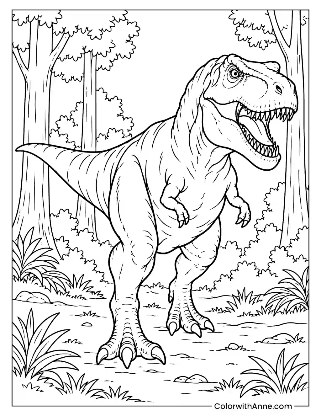 T-rex in a Forest Coloring Page
