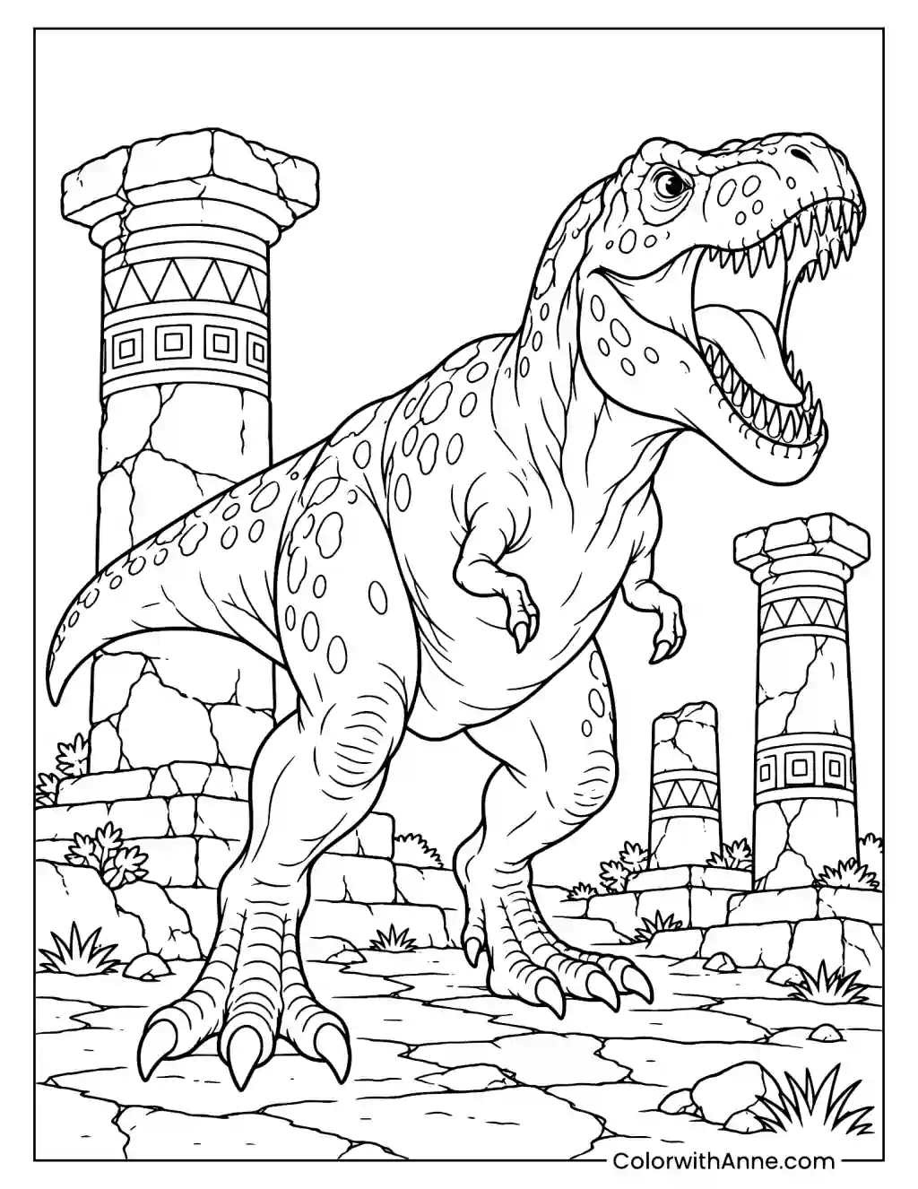 T-Rex Roaring Among Ancient Stone Pillars Coloring Page
