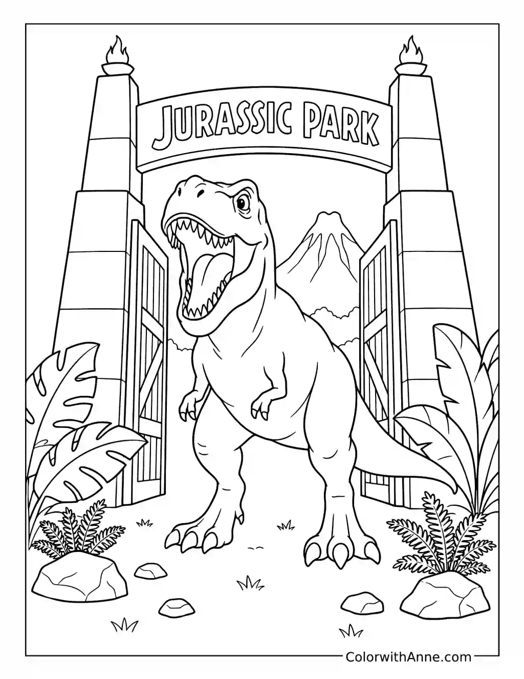 T. Rex Roaring at the Jurassic Park Gates coloring page