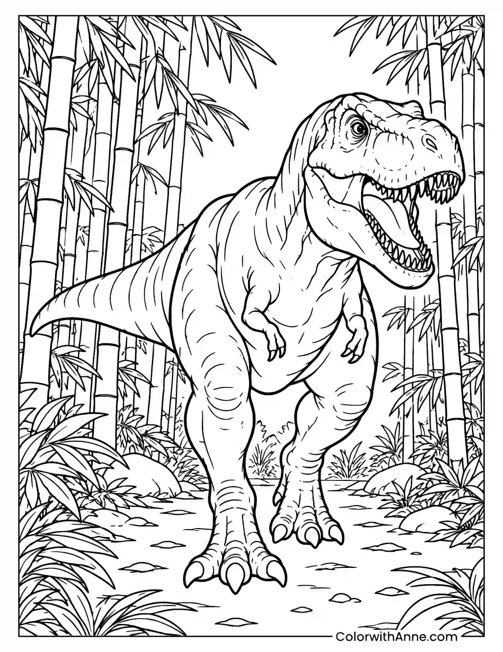 T-Rex Walking Through a Bamboo Forest Coloring Page