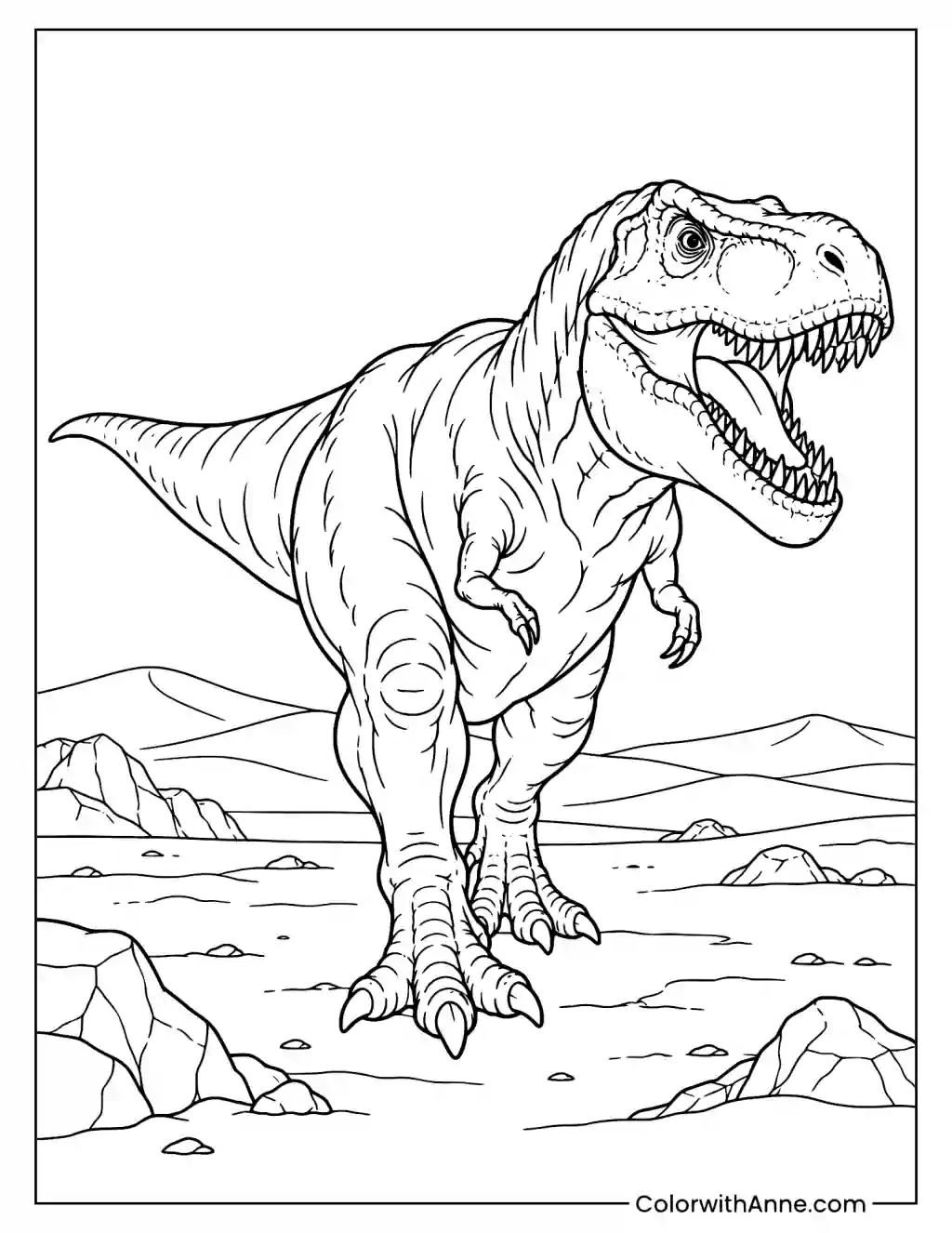 T-Rex Walking Through a Prehistoric Desert Coloring Page