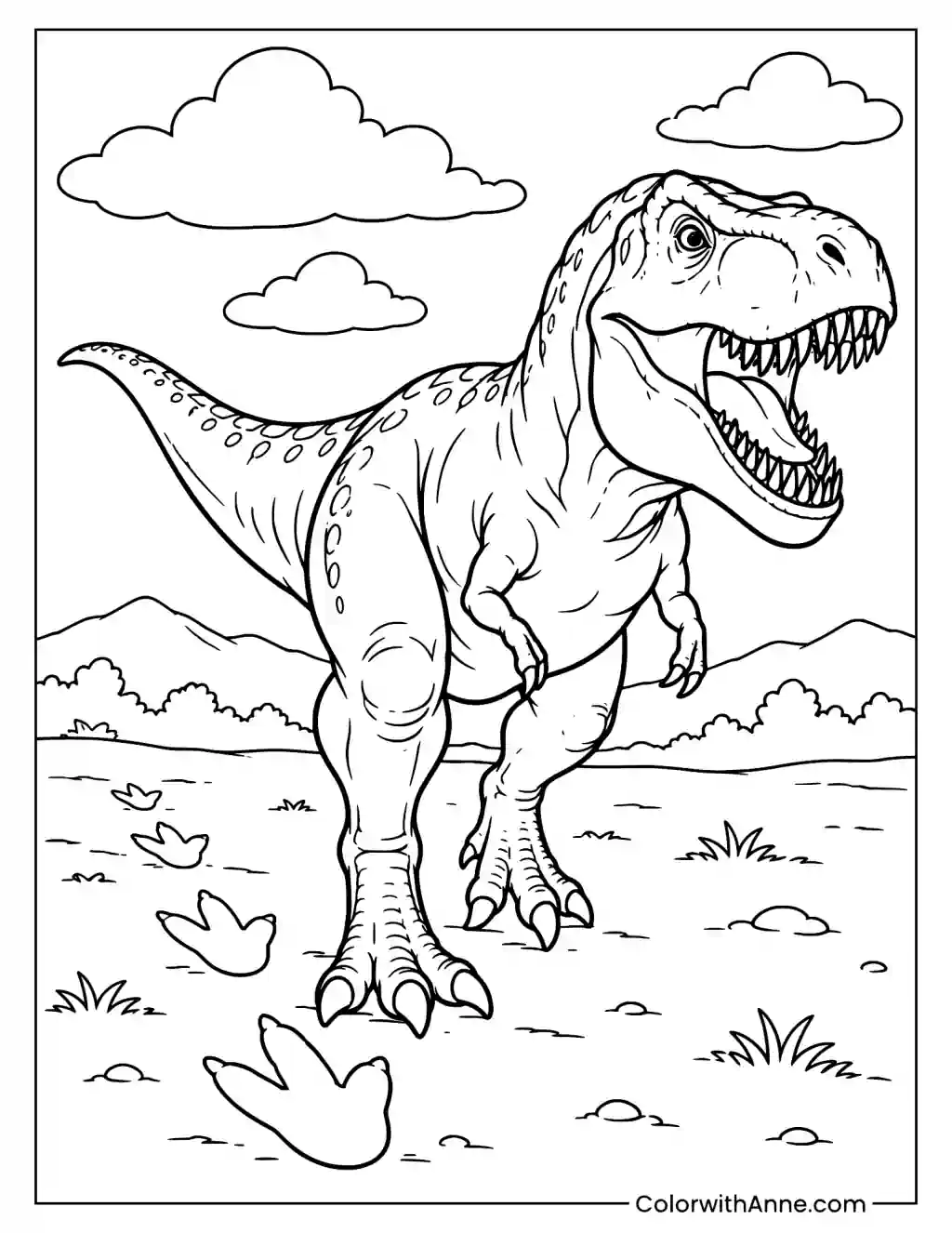 T-rex with Clouds and Dino Footprints Coloring Page