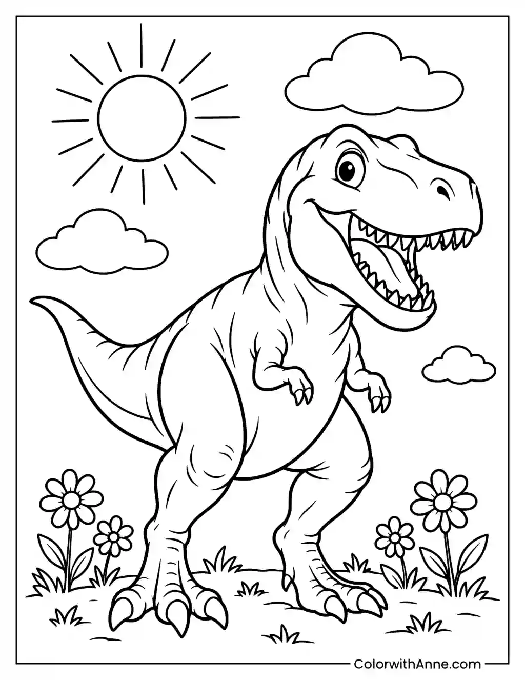 T-rex with Sun, Clouds, and Flowers Coloring Page