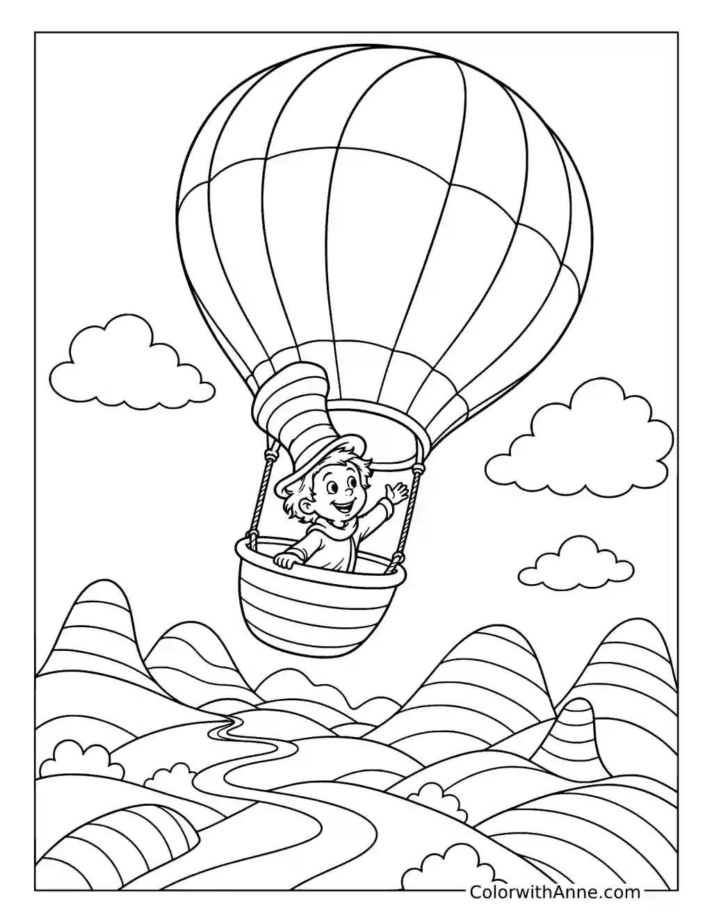 Tall-Hatted Traveler in a Whimsical Balloon coloring page
