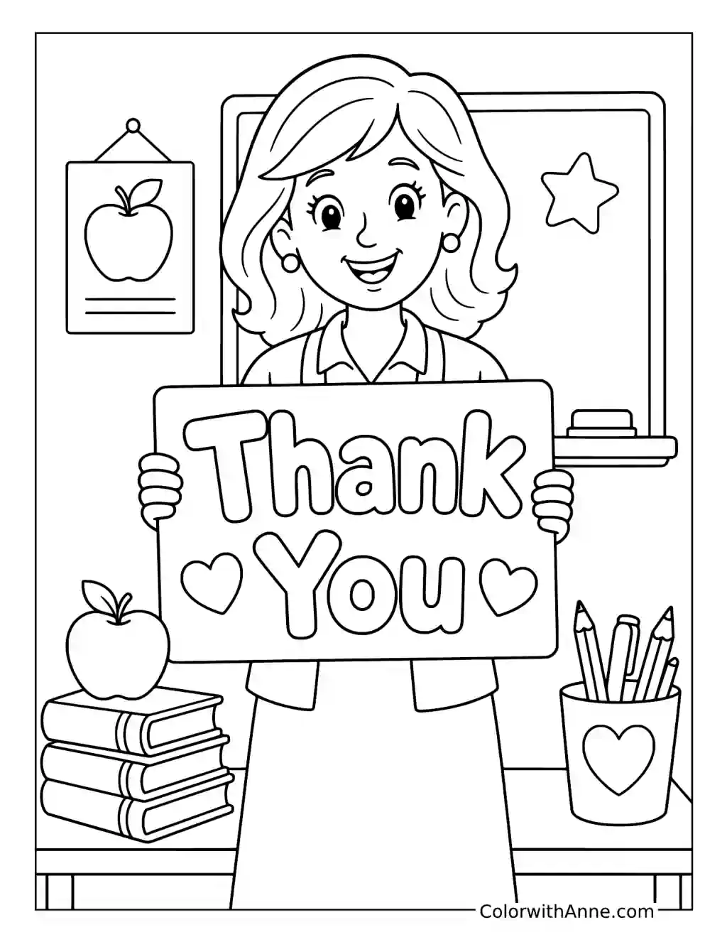 Teacher Holding Thank You Sign coloring page