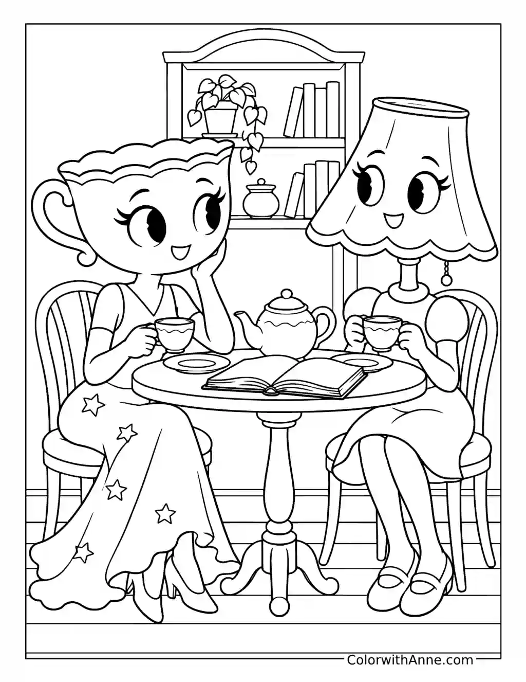 A teacup Toon and a lampshade Toon share tea at a round table beside bookshelves.