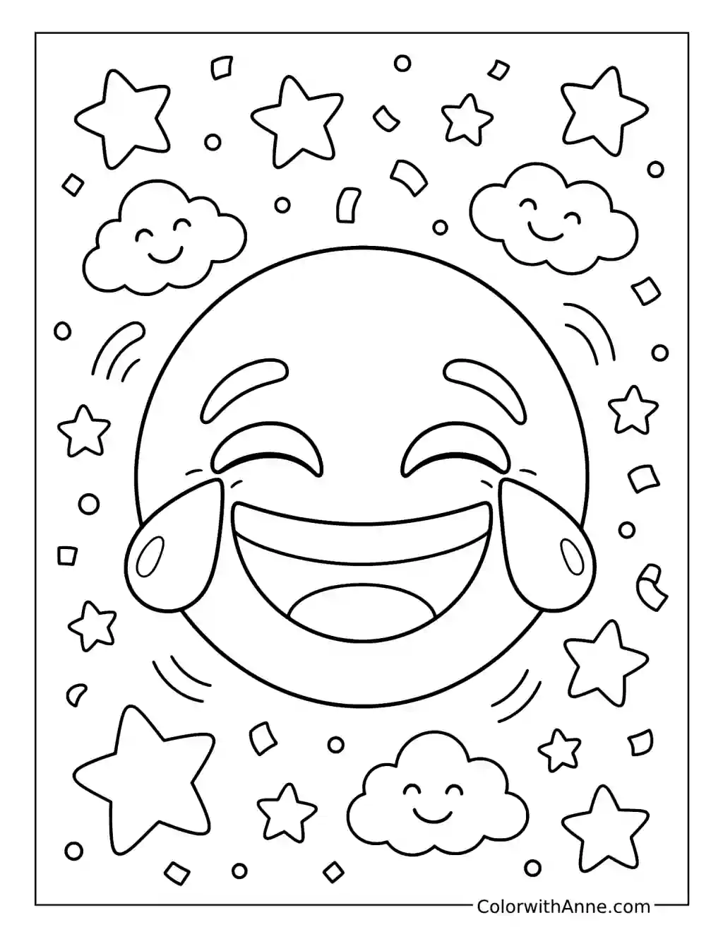Tears of Joy Emoji with Stars and Confetti coloring page