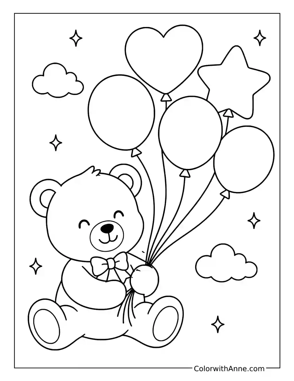 Teddy Bear and Five Balloons coloring page