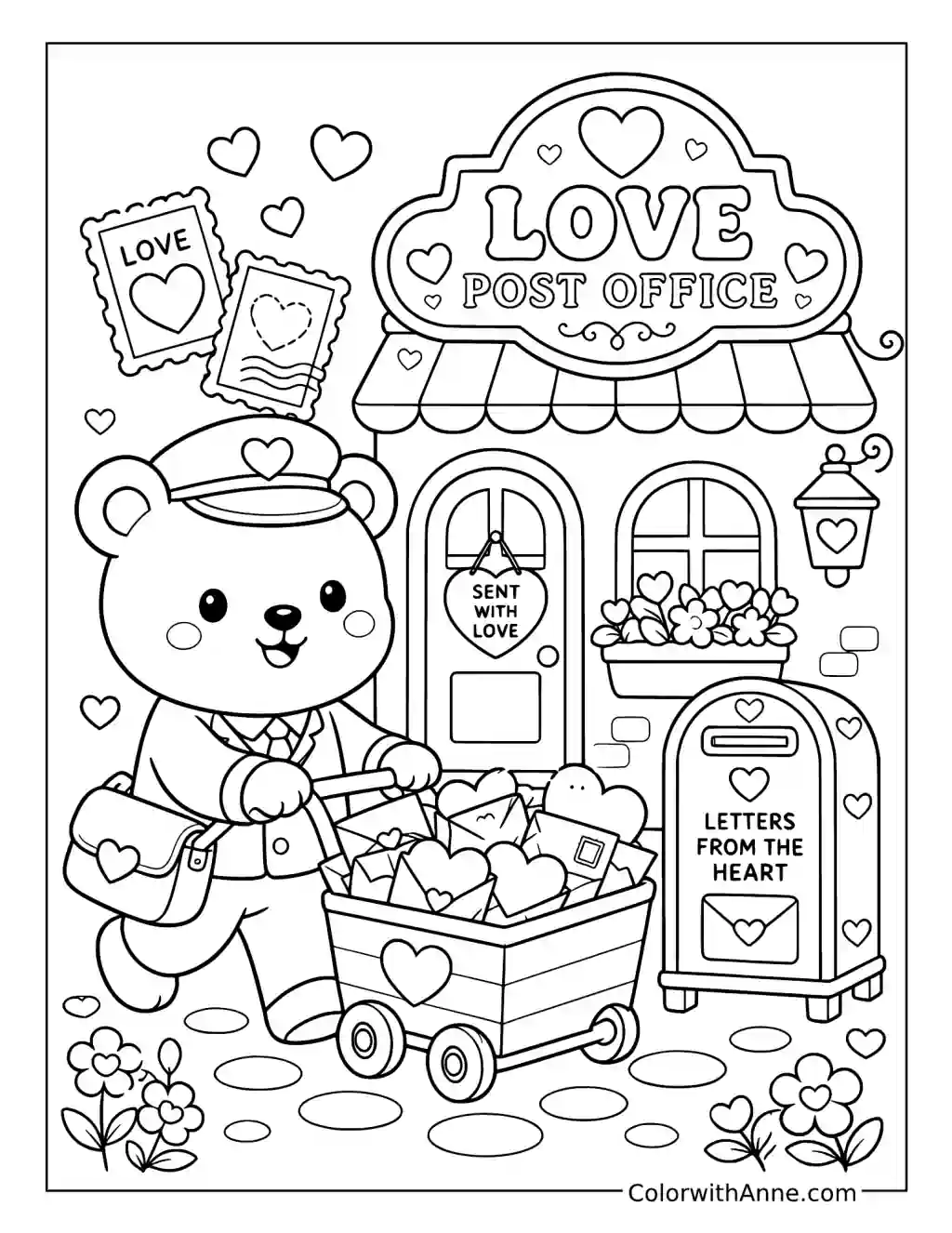 Teddy Bear Delivering Letters at the Love Post Office coloring page