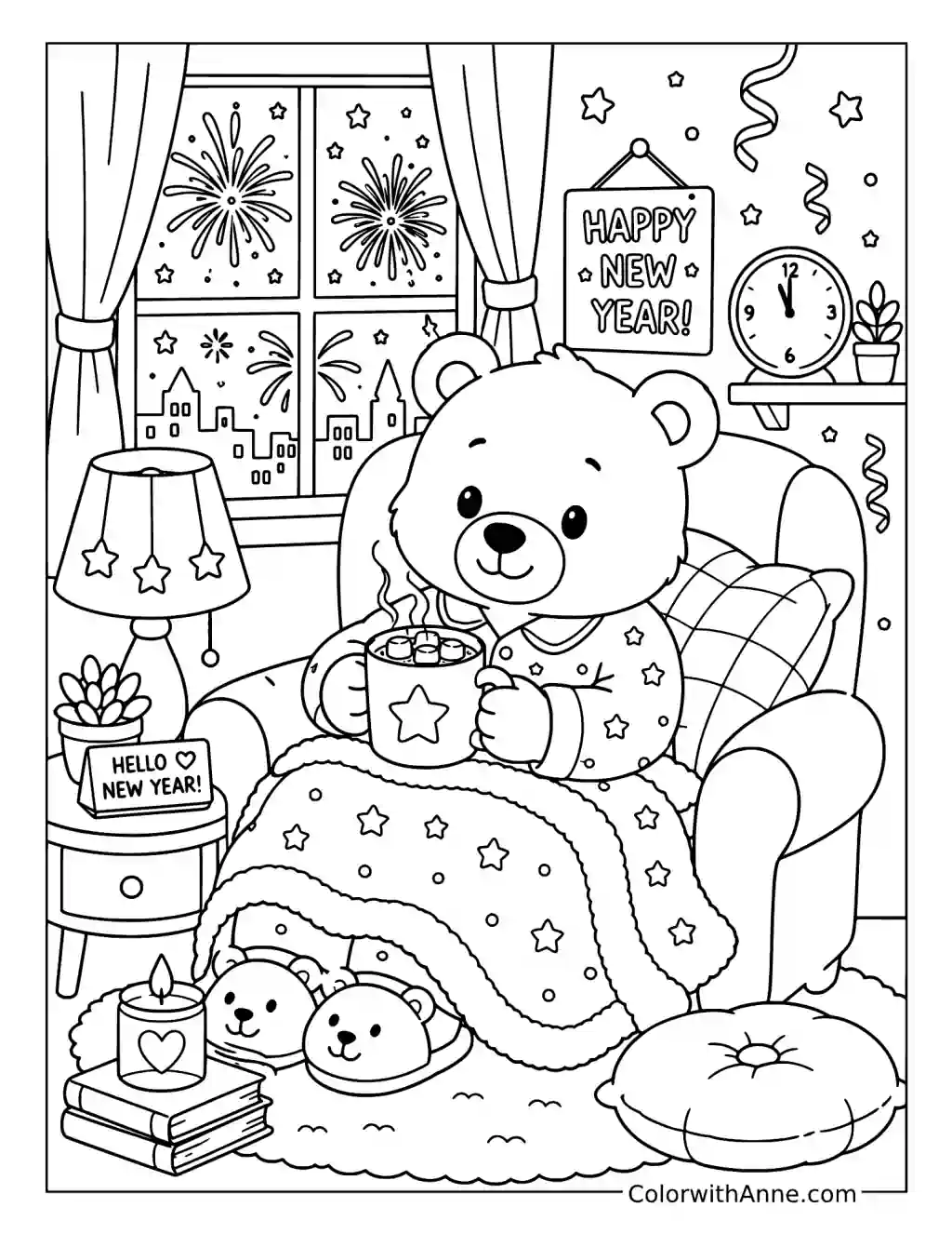 Teddy Bear Enjoying Cocoa on New Year's Eve coloring page