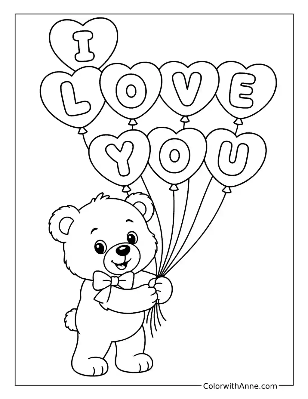 Teddy Bear Holding I Love You Heart Balloons coloring page