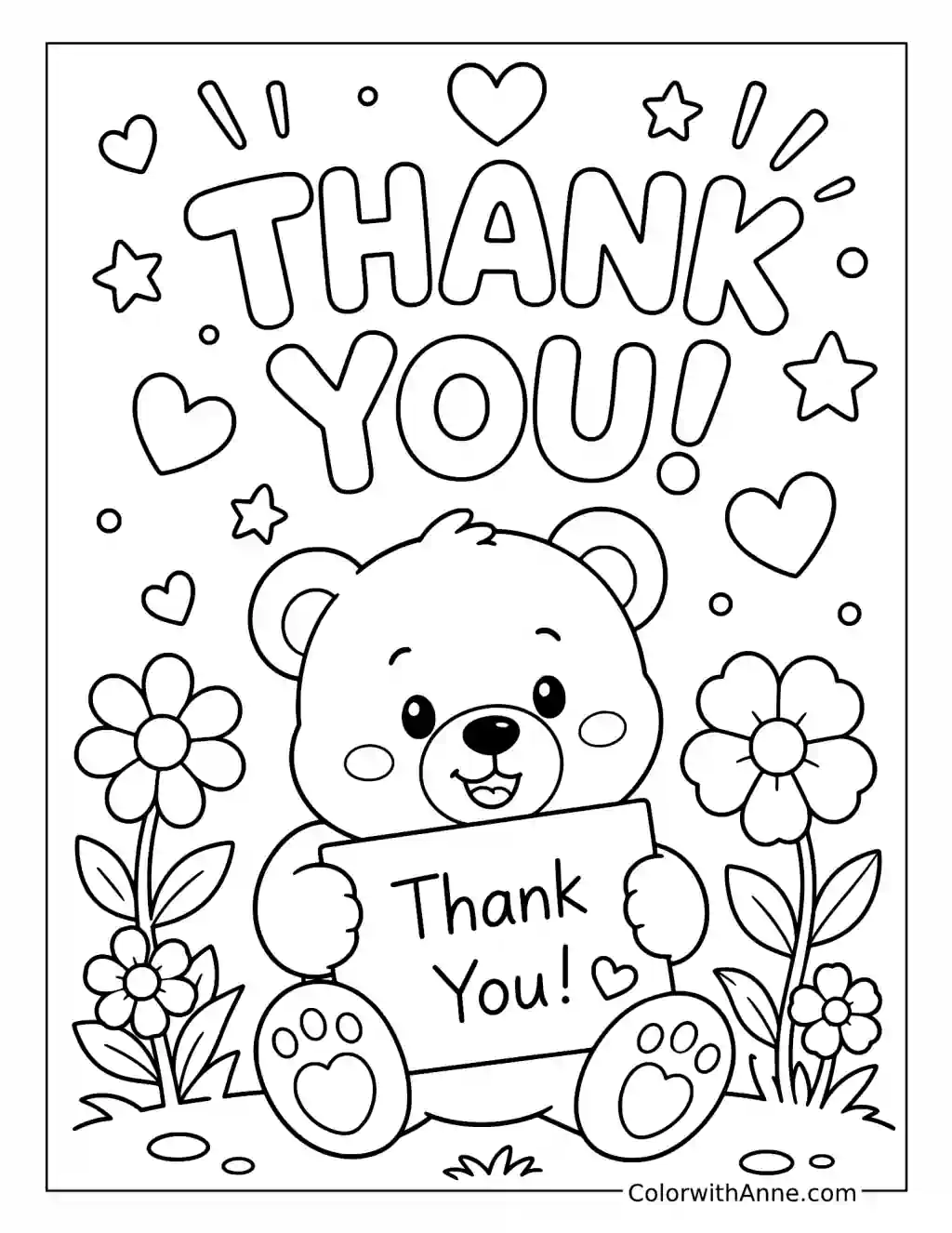 Teddy Bear Holding Thank You Sign coloring page