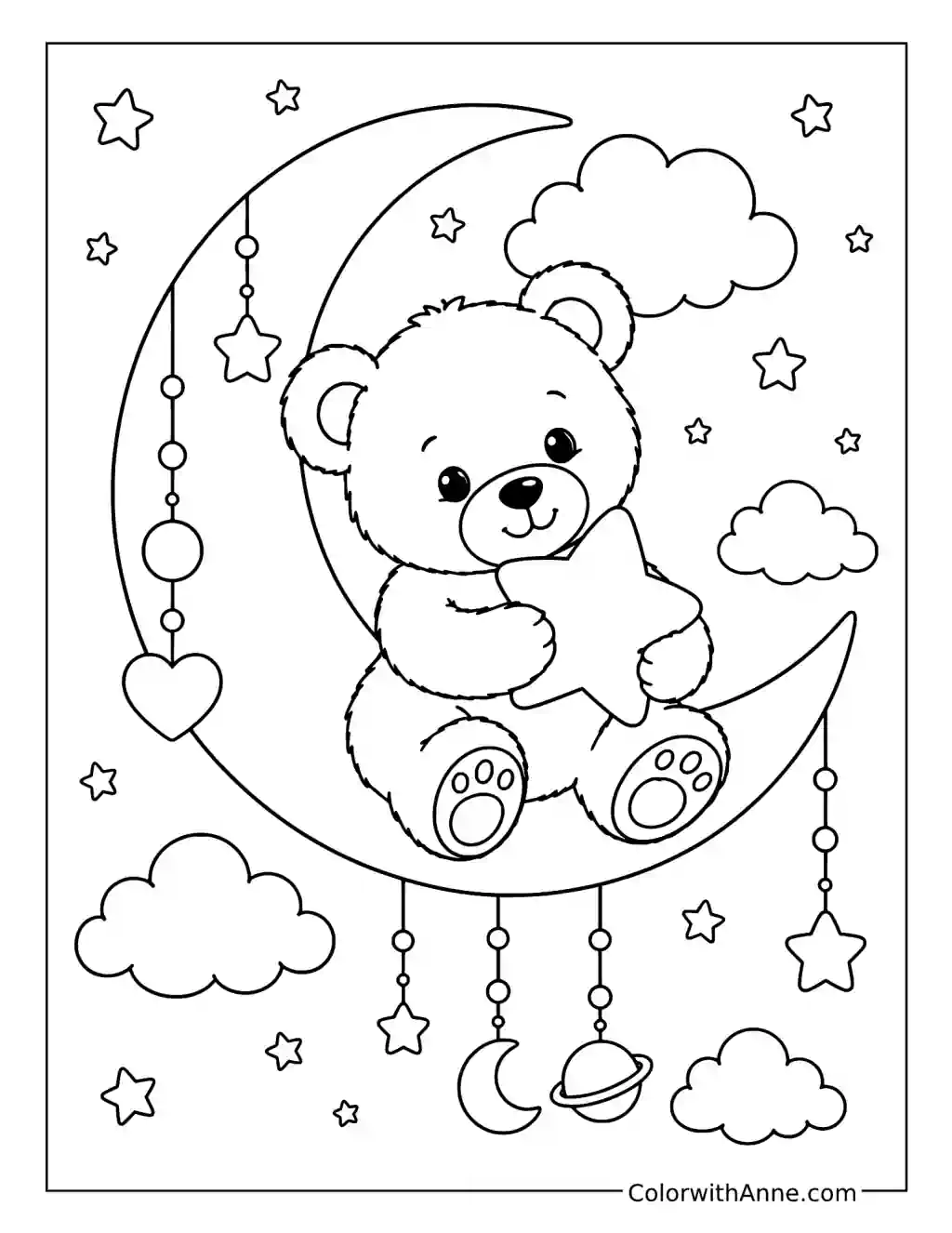 Teddy Bear on a Crescent Moon coloring page